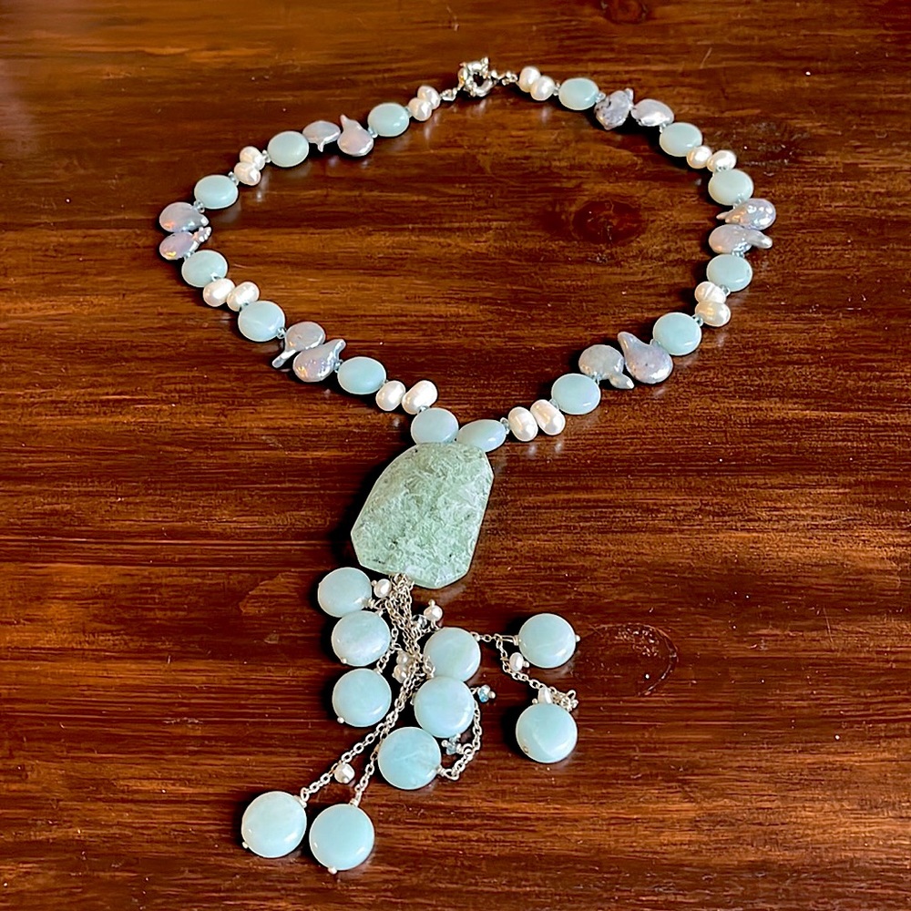 Minty teal and silver statement pendant necklace with freshwater pearls